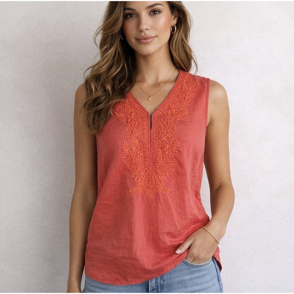 Elie Tahari Linen Top Embroidered Coral Sleeveless V Neck Shirt Size Small